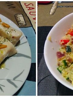 Una foto de Lomos de merluza al ajillo con guarnición de cous-cous con verduras