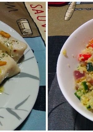 Una foto de Lomos de merluza al ajillo con guarnición de cous-cous con verduras