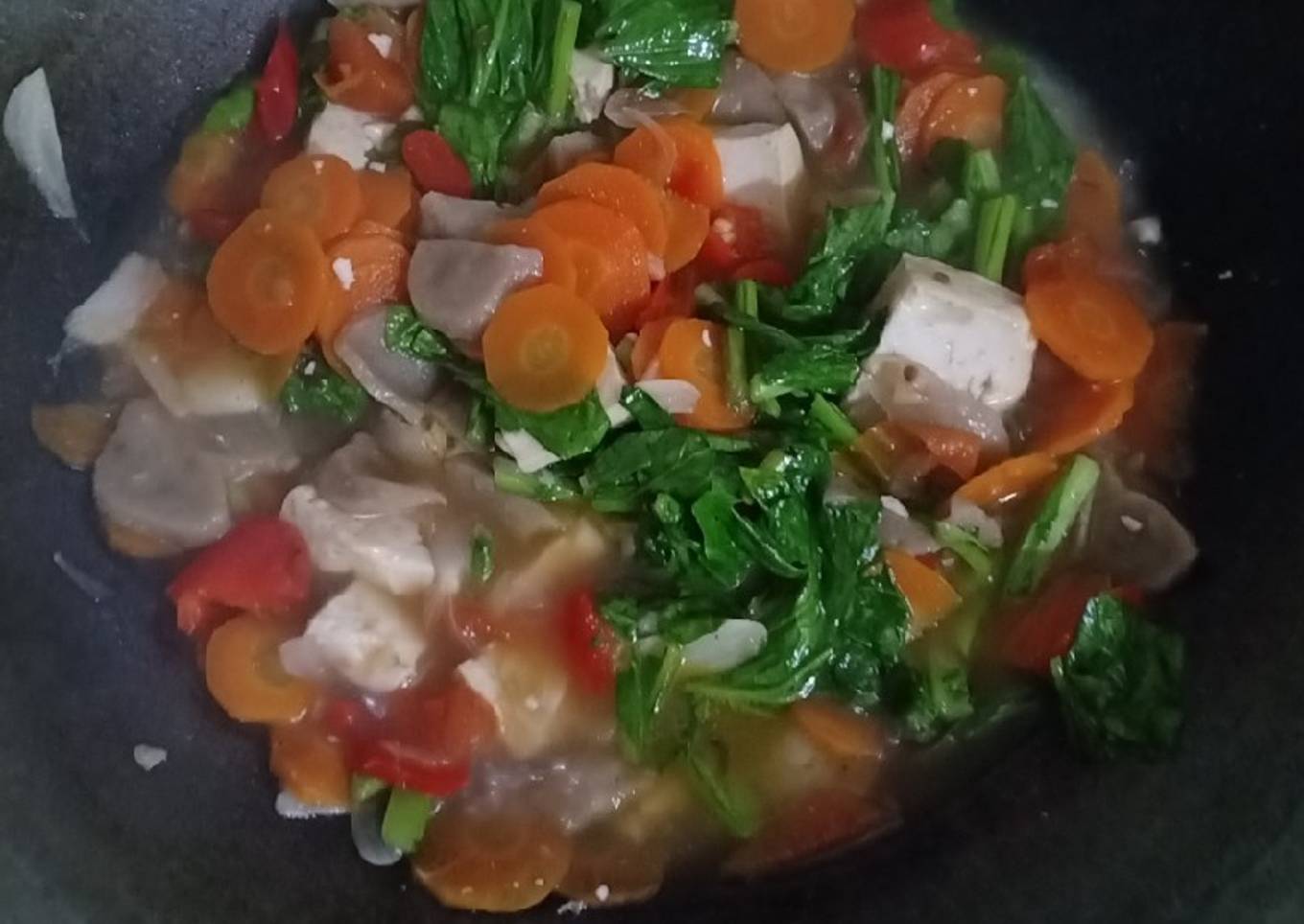 Tumis wortel sawi bakso tahu