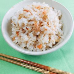 Cooked Rice mixed with Grilled Salmon A picture of Cooked Rice mixed with Grilled Salmon.