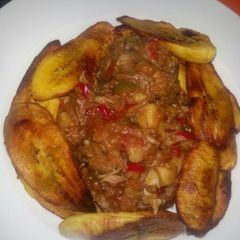 A picture of Fried Plantain with Crab Coconut Sauce.