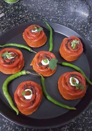 A picture of Red velvet dhokla.