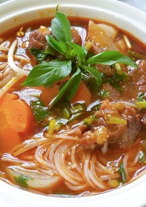 A picture of Hu Tieu Bo Kho (Vietnamese Beef Stew Noodle Soup).