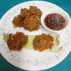 A picture of Crispy Korean Style Corn Fritters With Hot & Sour Dipping Sauce.