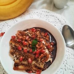 A picture of Overnight Oats with Caramelized Banana Walnuts and Dark Chocola.