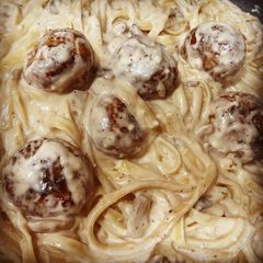 Fettuccine Alfredo with Italian Meatballs & Mushrooms A picture of Fettuccine Alfredo with Italian Meatballs & Mushrooms.