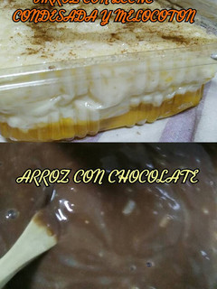 Una foto de Arroz con leche condensada y melocotón y arroz con chocolate