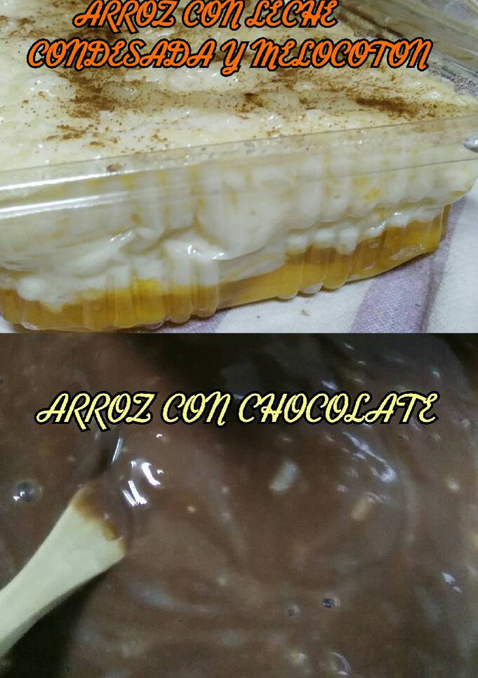 Una foto de Arroz con leche condensada y melocotón y arroz con chocolate