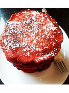 A picture of Apple Sauce Red Velvet Pancakes. #snacksrecipescontest.