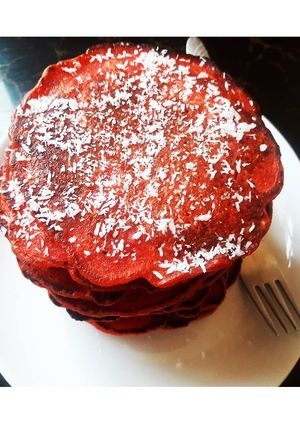 A picture of Apple Sauce Red Velvet Pancakes. #snacksrecipescontest.