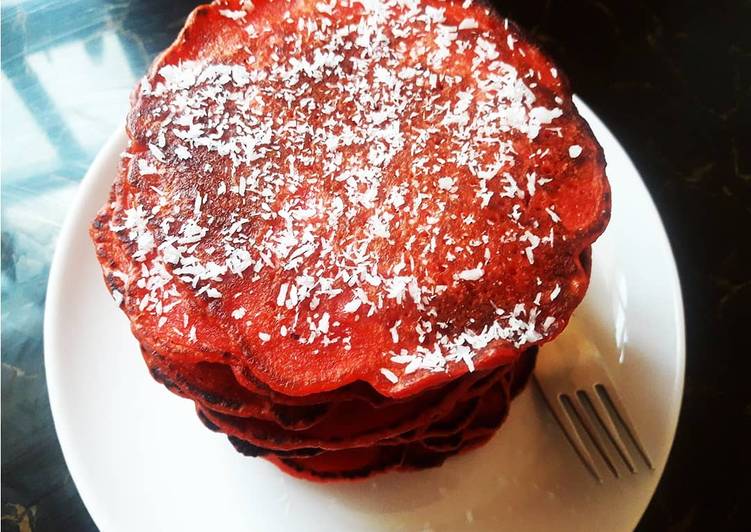 Recipe of Super Quick Homemade Apple Sauce Red Velvet Pancakes. #snacksrecipescontest