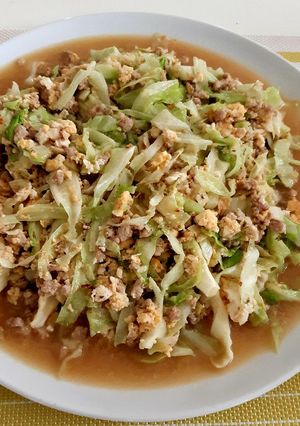 A picture of Stir-Fried Cabbage with Eggs & Minced Pork.
