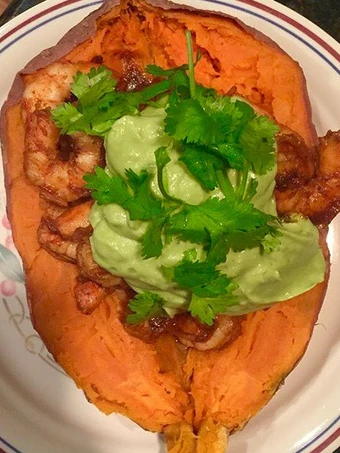 Recipe Spicy Shrimp Sweet Potato Boat and Avocado Crema the So Delicious Really delicious