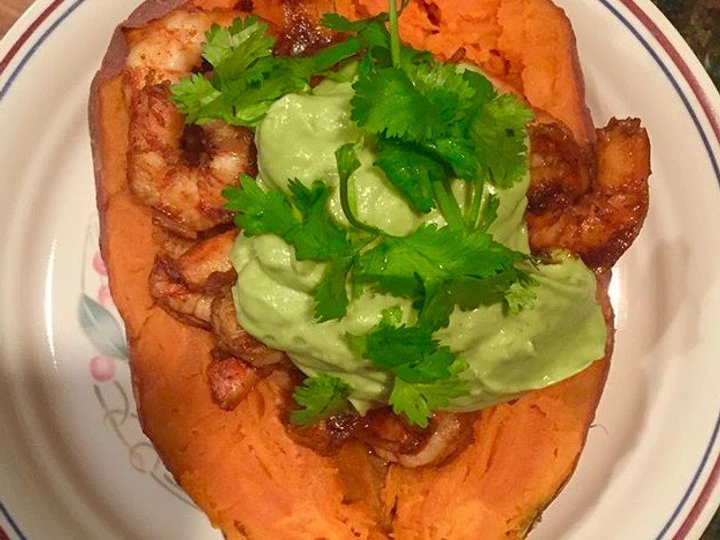 Recipe Spicy Shrimp Sweet Potato Boat and Avocado Crema the So Delicious Really delicious
