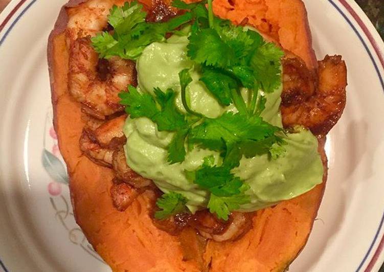 Simple Way to  Spicy Shrimp Sweet Potato Boat and Avocado Crema