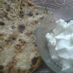 A picture of Methi aalu paratha with homemade white butter.