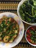 Boiled Amaranth Greens with Stewed Cherry Tomatoes and Eggplant with Scallion Oil