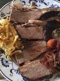 California Farm Brisket for Passover with Dates, Mushrooms and Potato Kugel
