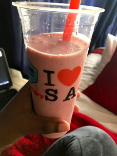 A picture of Banana and strawberry smoothie.