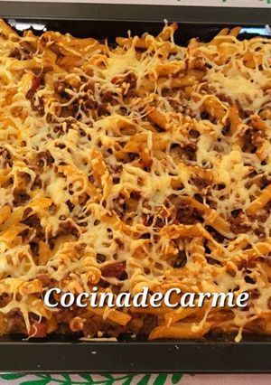 Una foto de Plumas sin tomate, con carne de ternera y nata