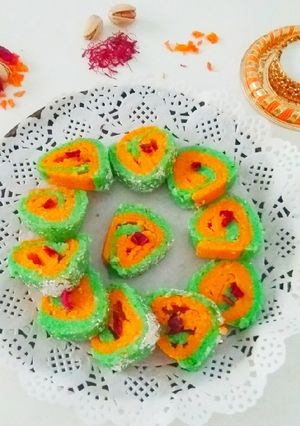 A picture of Kesar Pista Coconut Rolls.