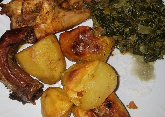 Oven roasted rosemary chicken with potatoes and greens