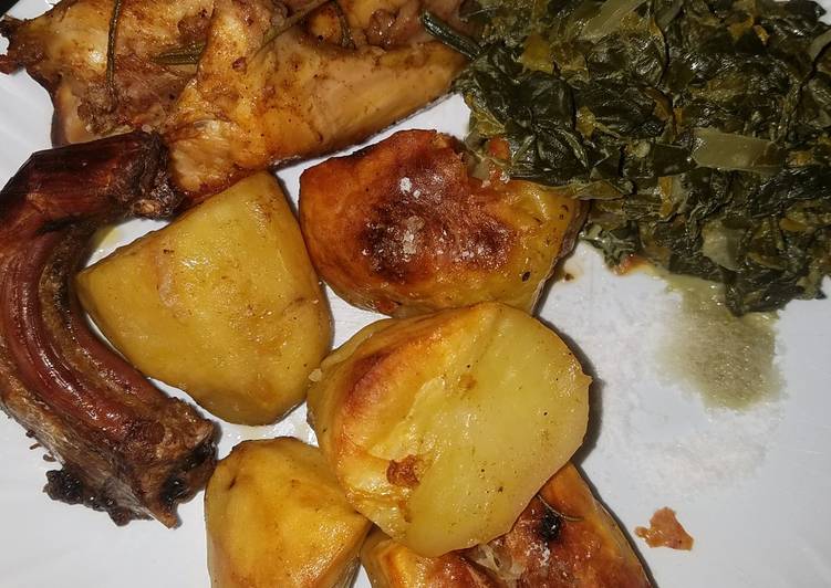 Easiest Way to Make Ultimate Oven roasted rosemary chicken with potatoes and greens