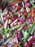 Roasted red potatoes, red raddishes, red onion, & carrots, leeks