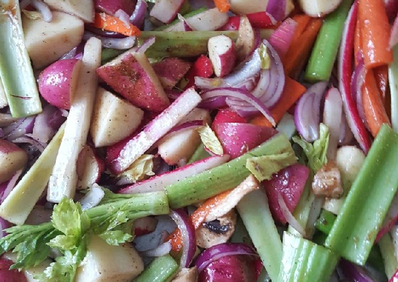 Roasted red potatoes, red raddishes, red onion, & carrots, leeks