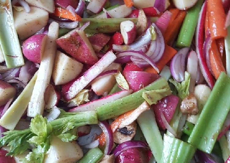 Simple Way to Prepare Perfect Roasted red potatoes, red raddishes, red onion, &amp; carrots, leeks