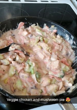 A picture of Veggie chicken and mushroom pie.