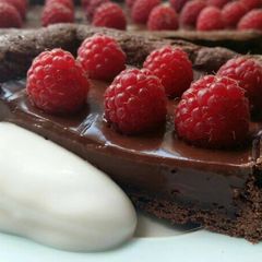A picture of Vickys Double Chocolate Raspberry Tart, GF DF EF SF NF VEGAN.