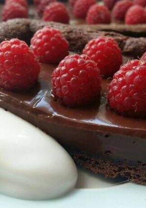 A picture of Vickys Double Chocolate Raspberry Tart, GF DF EF SF NF VEGAN.