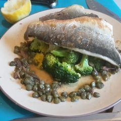 Pan fried seabass fillets on a bed of citrus broccoli A picture of Pan fried seabass fillets on a bed of citrus broccoli.