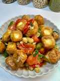 ถั่วลูกไก่ผัดมะเขือเต้าหู้กรอบ