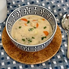 A picture of Knoephla Soup (Creamy chicken soup with potatoes and dumplings).