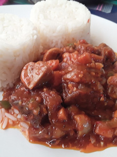 A picture of Beef and Mushrooms Stew paired with Plain Coconut Riceq.