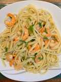 Pasta con langostinos a la Meunière