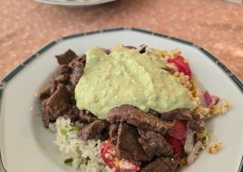 Mai's Avocado-Lime Steak-Bites Salad w/Edamame Rice