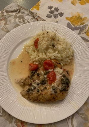 A picture of Lemon and Caper Chicken Piccata w Lemon Risotto.