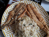 Risotto de champiñones con pescado frito