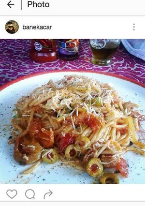 A picture of Shrimps,mocarela, olive, paste.... taste of italia.