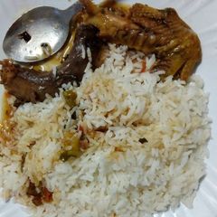 A picture of Chicken stew and rice.
