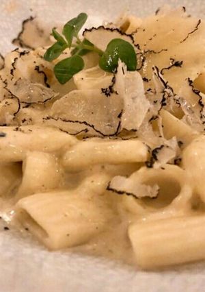 A picture of White sauce pasta.