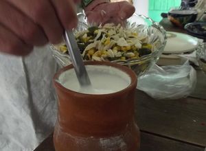 Una foto de Guisado de pierna de cerdo con chiles, elotes, verdolagas, hongos  y quelites al jocoque el pirul