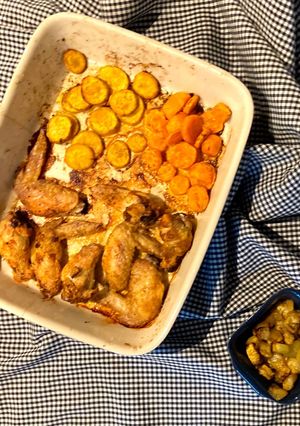 Foto de ASINHAS DE FRANGO ASSADAS COM BATATA DOCE, CENOURA E COURGETE ASSADAS!!