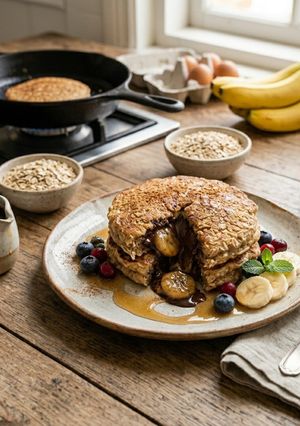 Una foto de Hotcakes rellenos de avena y banana 🥞🥐