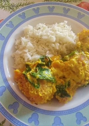 A picture of Curried Lentil and Ricotta Meatballs with Pilaf Rice.