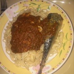 Spaghetti and fish stew A picture of Spaghetti and fish stew.
