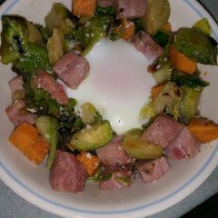 A picture of Roasted Brussels Sprouts & Ham Skillet.
